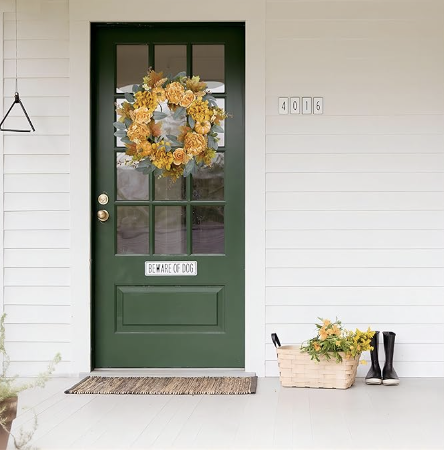 24 inch Orange Fall Wreath, Handmade with Faux Pumpkin Hydrangea Peony Camellia, Fall Front Door Decor, Autumn Wreath, Thanksgiving Wreath